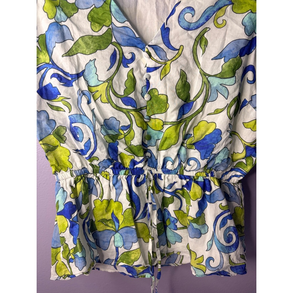 1.STATE Womens Floral‎ Puff Sleeve Peplum Blouse Blue Green Cotton V-Neck Size M - Picture 3 of 7